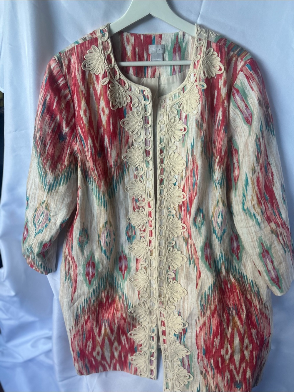 Chico's Cream Linen Cotton Jacket with Red & Teal Ikat